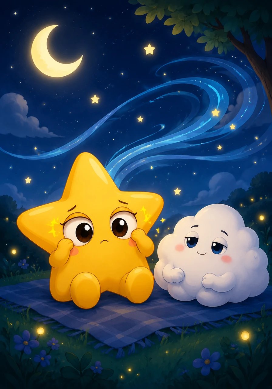 A gentle night breeze floated through the sky, singing a soft lullaby, but Pip tried his very best to keep his eyelids open wide. Every time he felt himself drift, he gave a tiny, brave sparkle, refusing to give in to slumber.