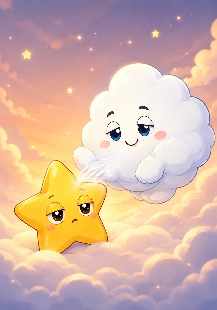 Seeing the stubborn little star struggle, Barnaby, a fluffy white cloud cushion, floated softly beside him. Barnaby stroked Pip's tired points with a warm breeze, smiling tenderly at his brave little fight.
