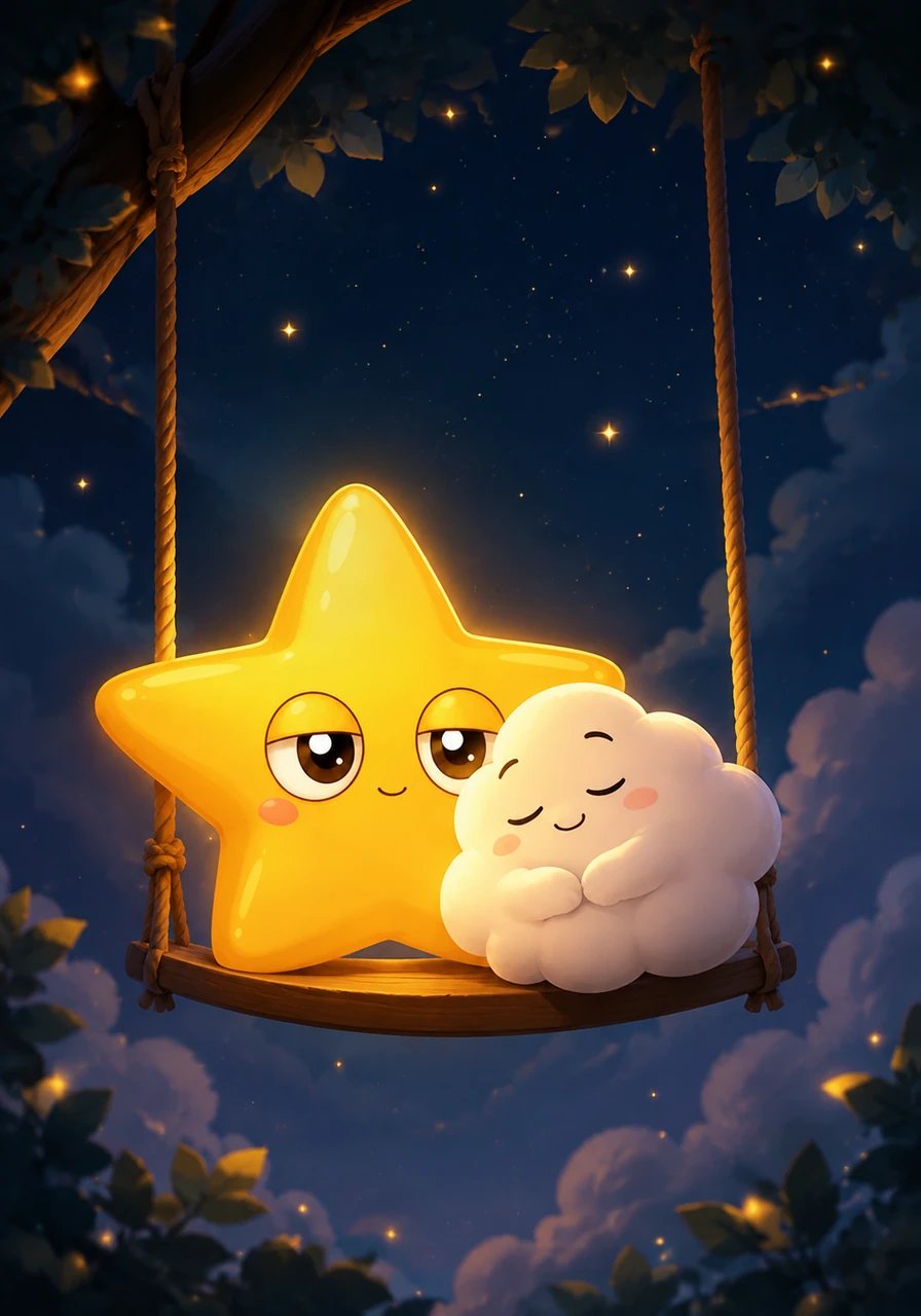 Barnaby slowly rocked back and forth through the quiet, dark sky like a gentle cradle. Pip let out a soft, happy sigh, feeling his bright golden glow soften into a peaceful, cozy nightlight pulse.