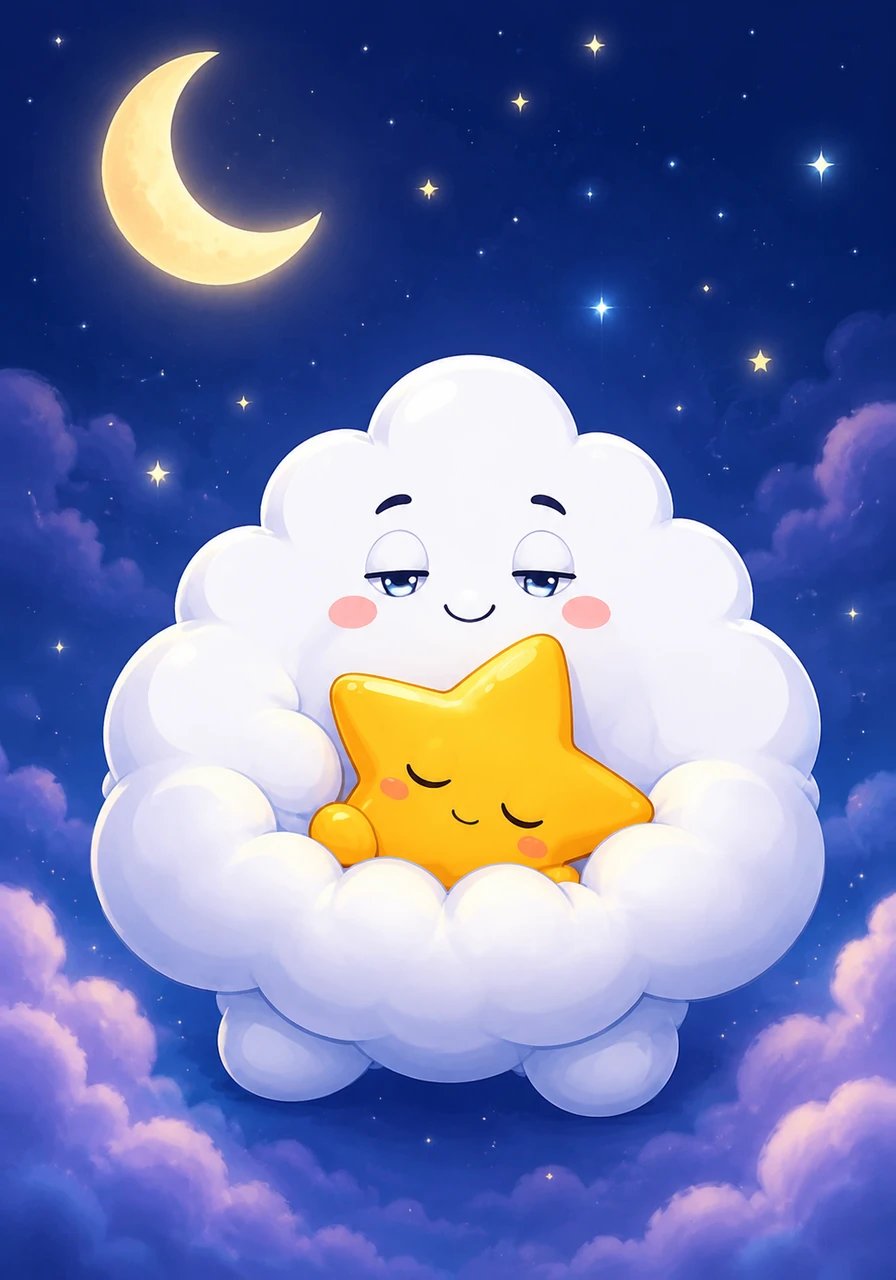 Fast asleep on his soft cloud cushion, little Pip smiled peacefully as he drifted deeper into sweet dreams. The tranquil night sky held him close, keeping him warm and safe until the morning sun.