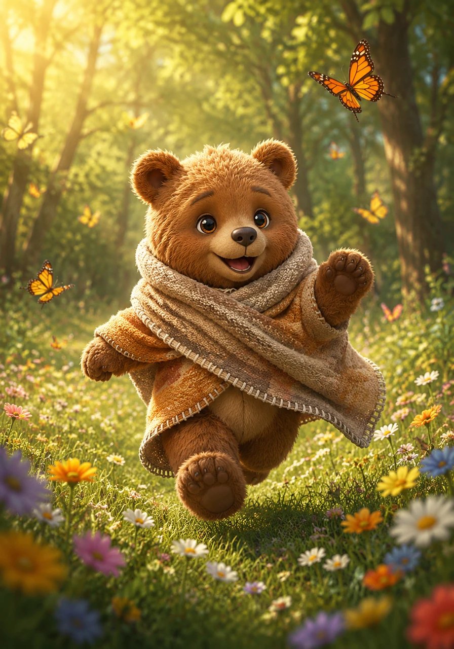 Berni es un osito pequeño de pelaje suave que ama jugar bajo el sol brillante del bosque. Corre entre las flores y persigue mariposas, deseando que el día sea eterno y la luz nunca se apague.