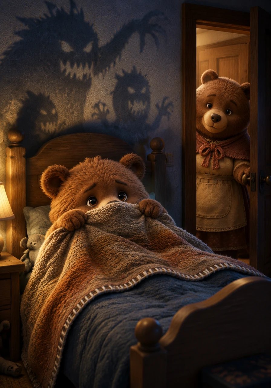 Dentro de su habitación, Berni se cubre con su manta de lana hasta la nariz porque las sombras en las paredes parecen monstruos gigantes. El silencio de la noche le hace imaginar ruidos extraños que lo asustan y no lo dejan dormir.