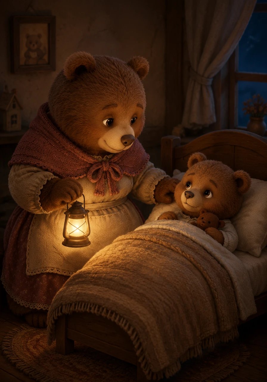 Mamá Osa entra suavemente con una pequeña linterna de luz cálida y se sienta al borde de su cama. Ella le explica con una voz dulce que la oscuridad es solo el mundo cerrando los ojos para descansar y soñar.