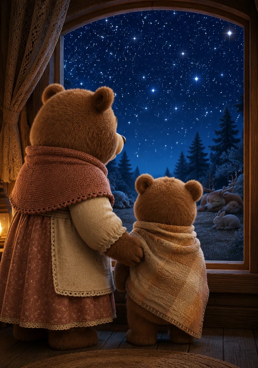 Ella lo lleva de la mano hacia la ventana y le pide que mire hacia el cielo profundo y azul. Berni descubre por primera vez miles de estrellas que brillan como diamantes, cuidando el sueño de todos los animales del bosque.