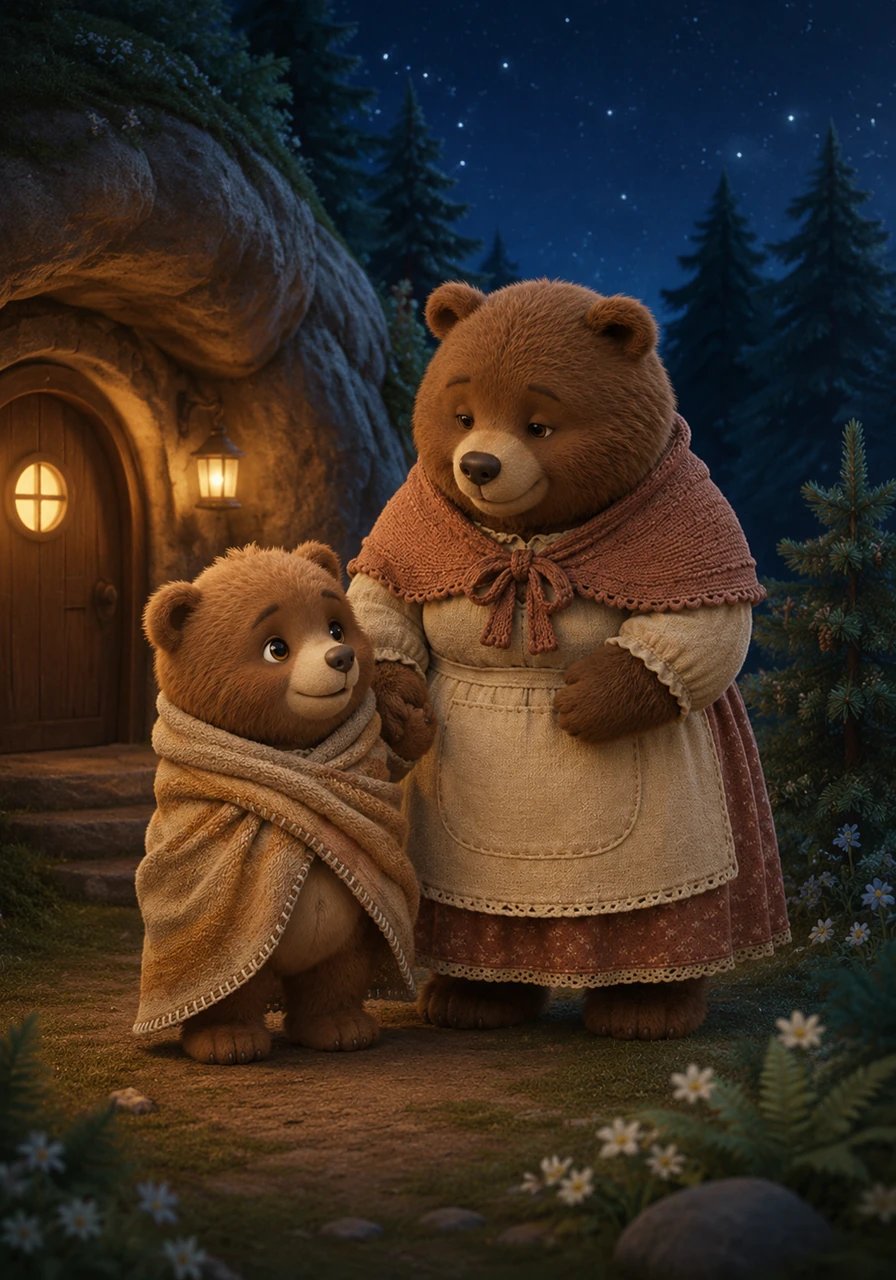 Con valentía, Berni sale al pequeño jardín frente a su cueva acompañado de su mamá. El aire de la noche es fresco y huele a pinos húmedos, y el bosque parece estar susurrando una canción de cuna muy tranquila.