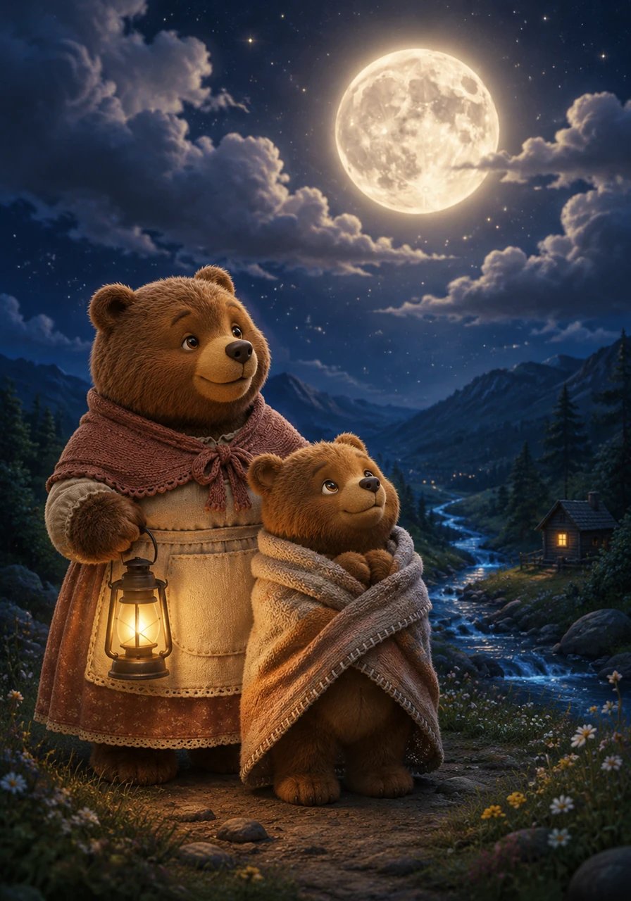 La gran luna llena se asoma entre las nubes, bañando todo el valle con una luz plateada y reconfortante. Berni se da cuenta de que la noche tiene su propia lámpara gigante que nunca se apaga del todo.
