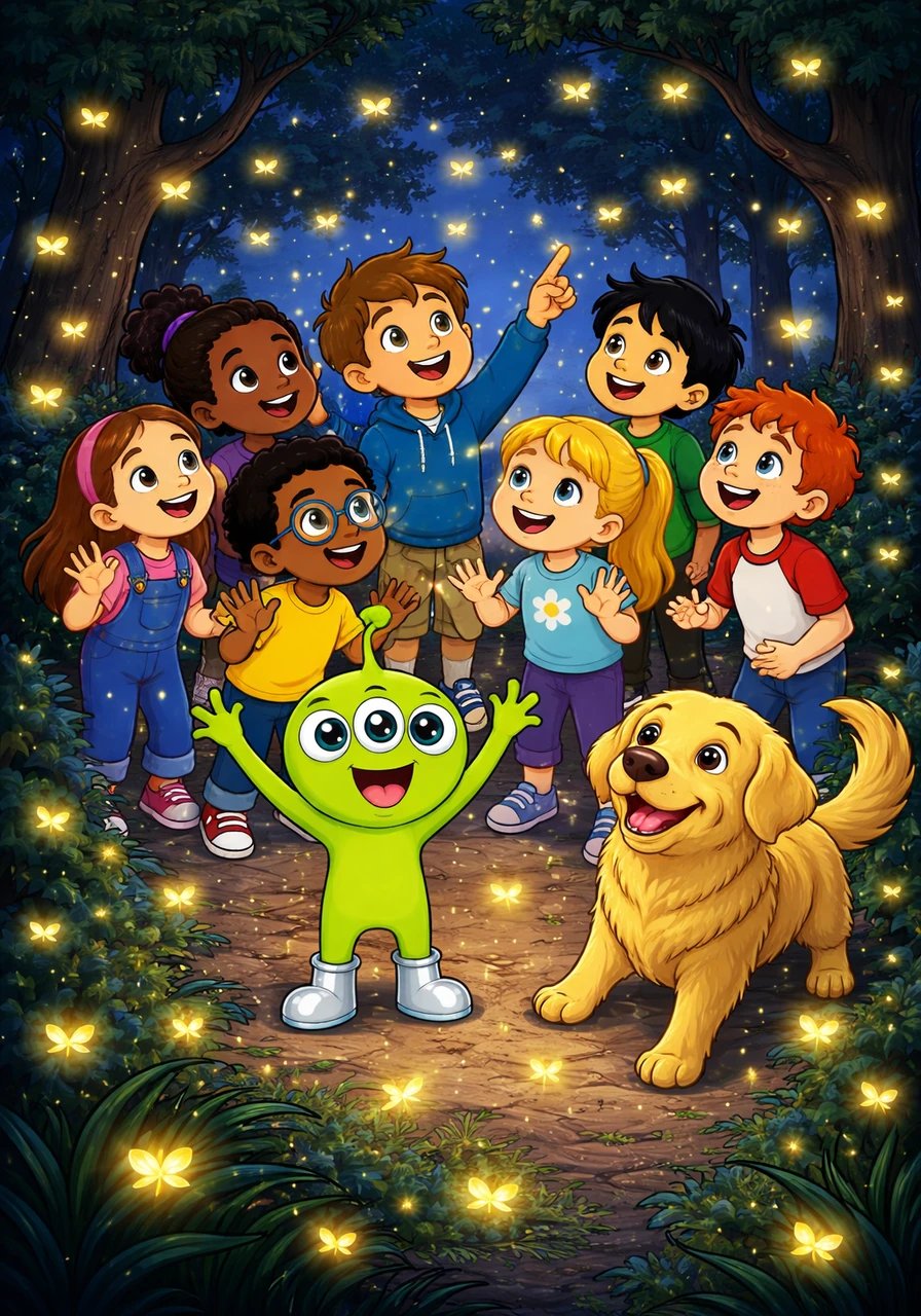 As night fell, Zip watched in wonder as hundreds of tiny fireflies began to dance in the shadows of the trees. He thought they were miniature stars that had come down to Earth just to play with him in the dark.