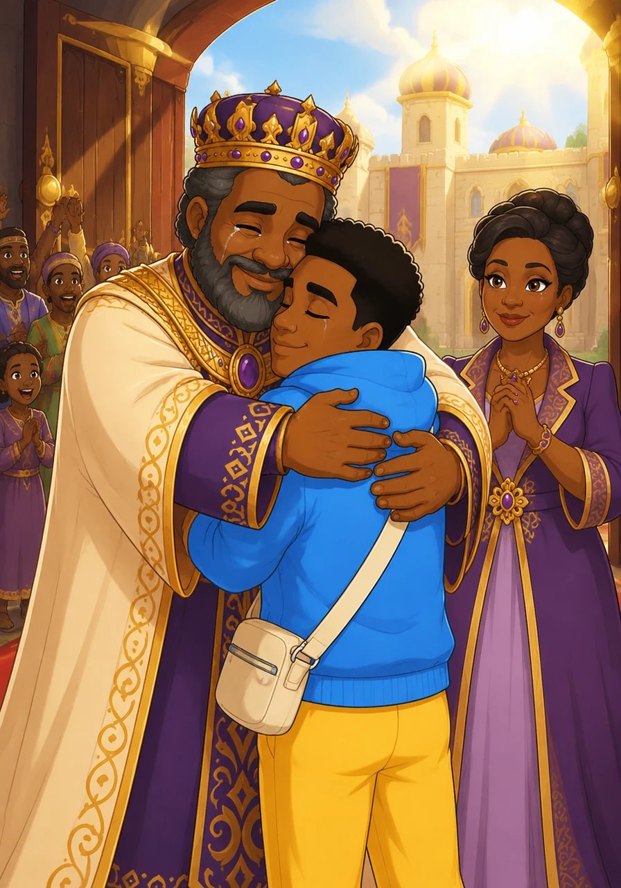 Before Jaquon could speak a single word of apology, the front doors opened and King Javon stepped into the sunlight with tears of pure joy in his eyes. Without a moment's hesitation, his father wrapped Jaquon in the biggest, warmest embrace, enthusiastically welcoming his son and new family back home with open arms.