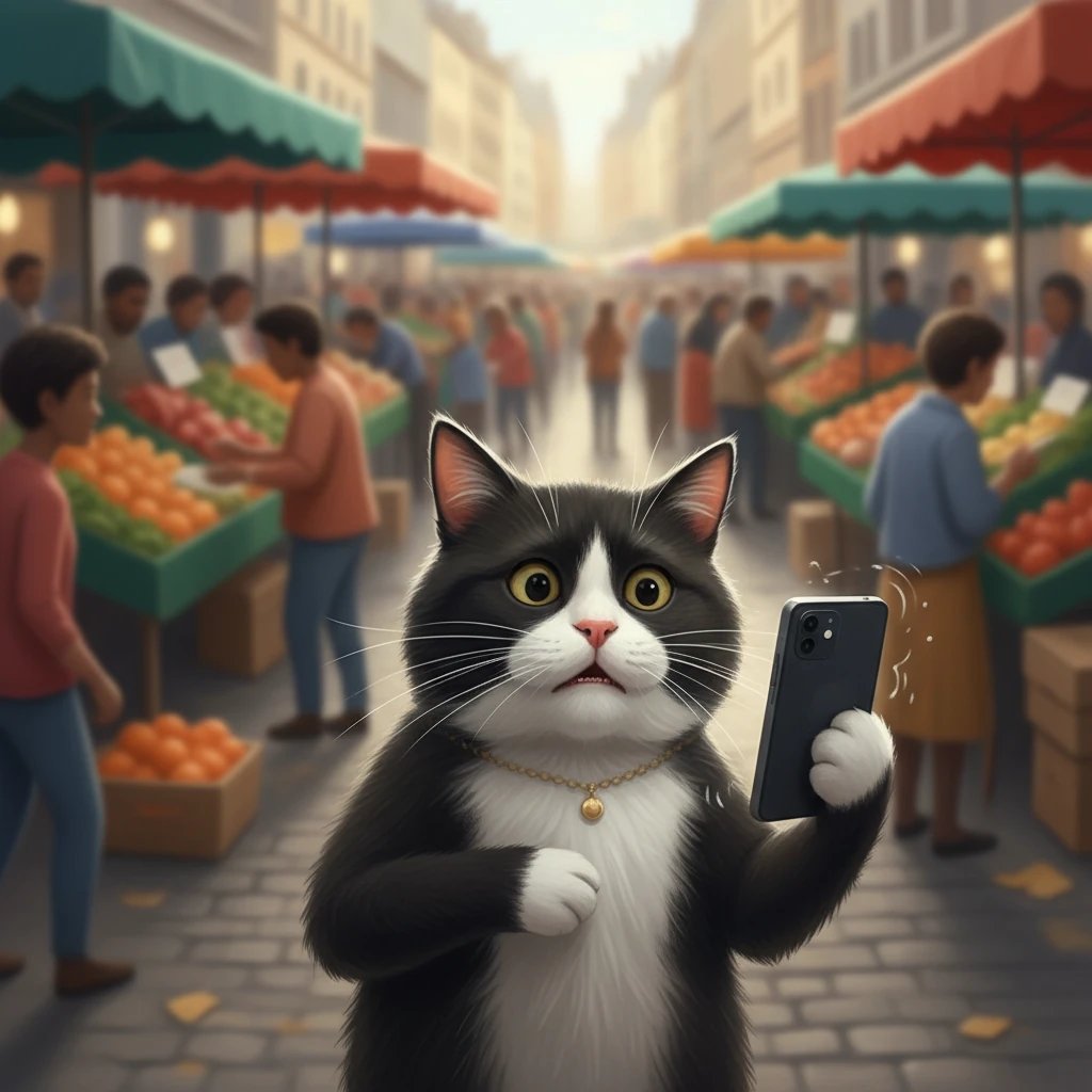 Un chat noir et blanc, Monsieur Moustache, avec une petite chaîne en or autour du cou, tient un smartphone tremblant, filmant son visage en mode selfie. Ses yeux sont grands ouverts, et il respire lourdement. En arrière-plan flou, on devine l'agitation d'un marché de rue français, avec des étals colorés et une foule dense.