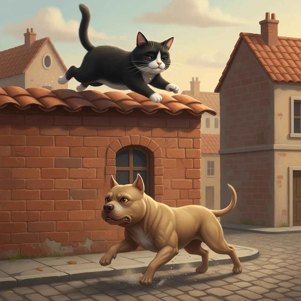 Le pitbull, frustré, tente de sauter pour l'atteindre, mais échoue, tombant lourdement sur le trottoir. Monsieur Moustache le regarde d'en haut, un sourire narquois sur son visage félin, puis continue sa course.
