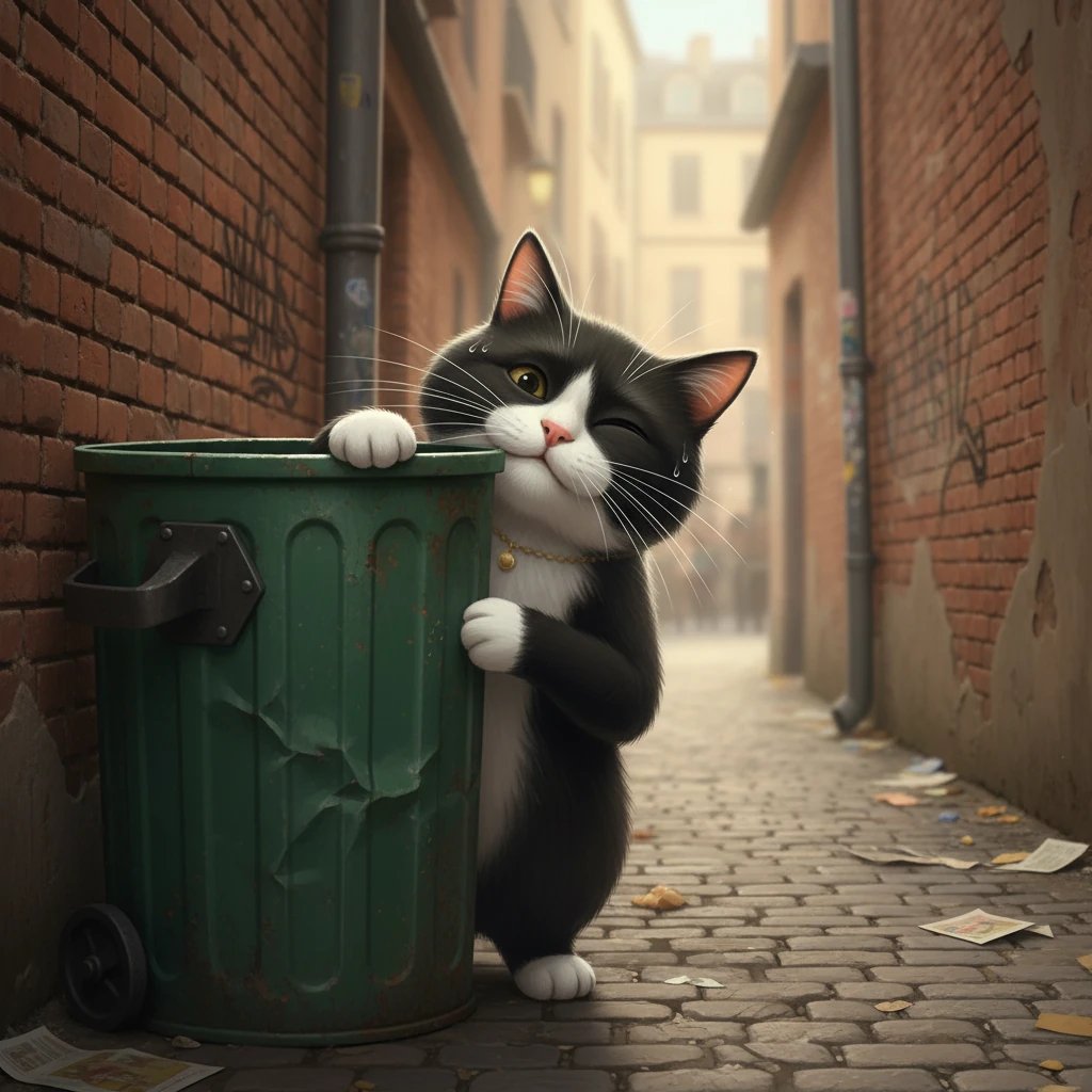 Monsieur Moustache ralentit enfin, se cachant derrière une poubelle. Il se retourne vers la caméra, l'air toujours aussi arrogant, malgré la sueur. Le pitbull est loin derrière, et le chat conclut son message avec un clin d'œil, fier de sa survie.
