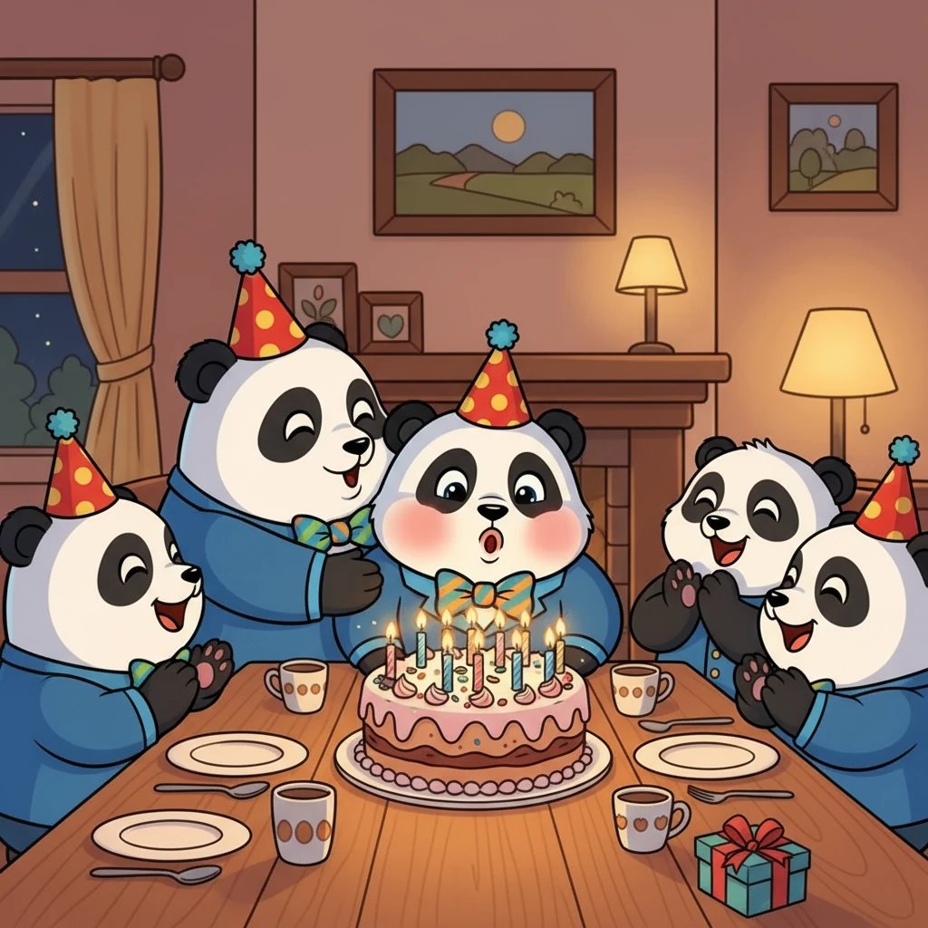 Malam itu, keluarga Enso berkumpul di ruang makan yang hangat. Mereka menyanyikan lagu selamat ulang tahun, dan Enso meniup lilin di kue yang indah. Setiap orang memeluk dan menciumnya.