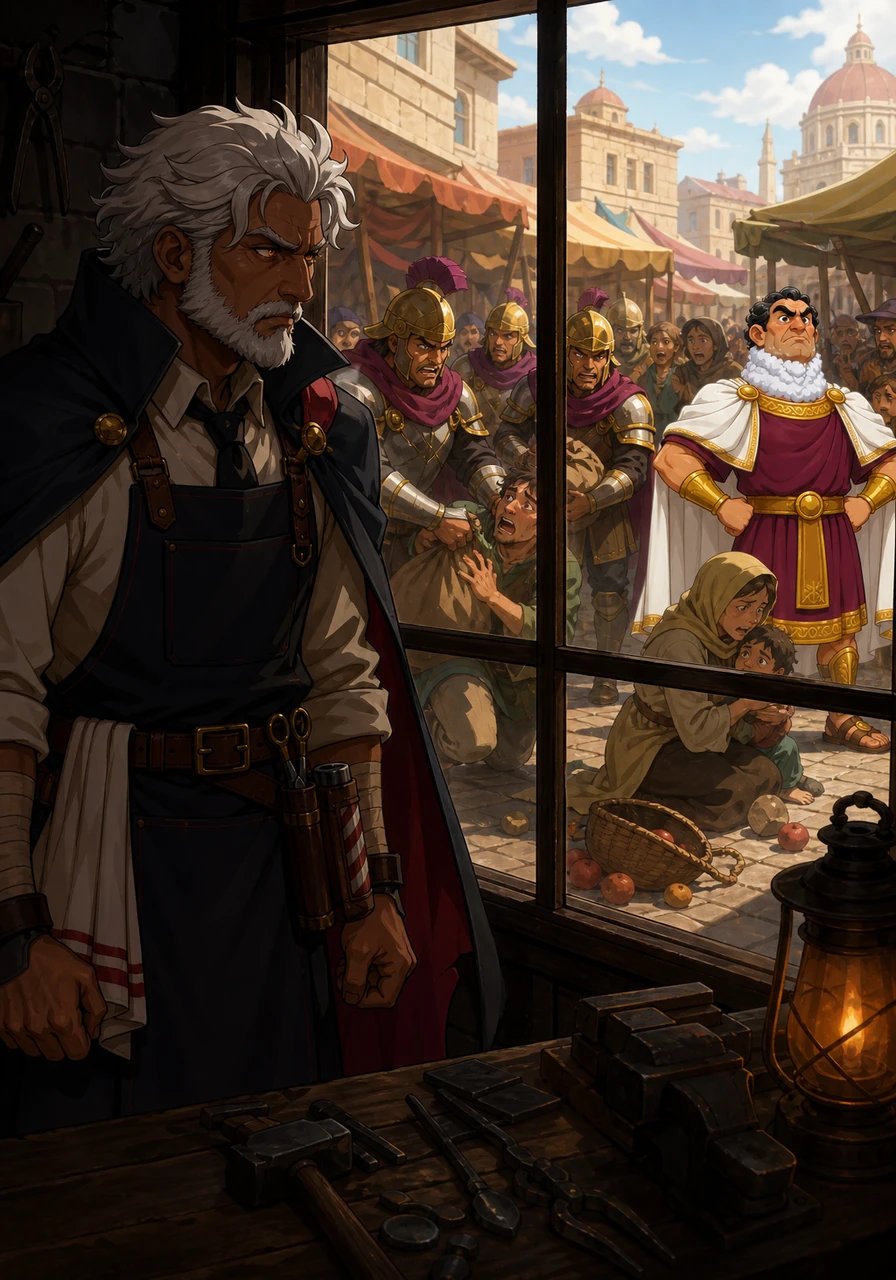 Every morning, corrupt city guards and ruthless overlords march through the market square, taking whatever they desire from helpless citizens. From his shop window, Vaelan watches in silent agony as families are ruined and innocent voices are silenced. The weight of his community's suffering settles heavily upon his shoulders, igniting a fierce spark of defiance in his heart.