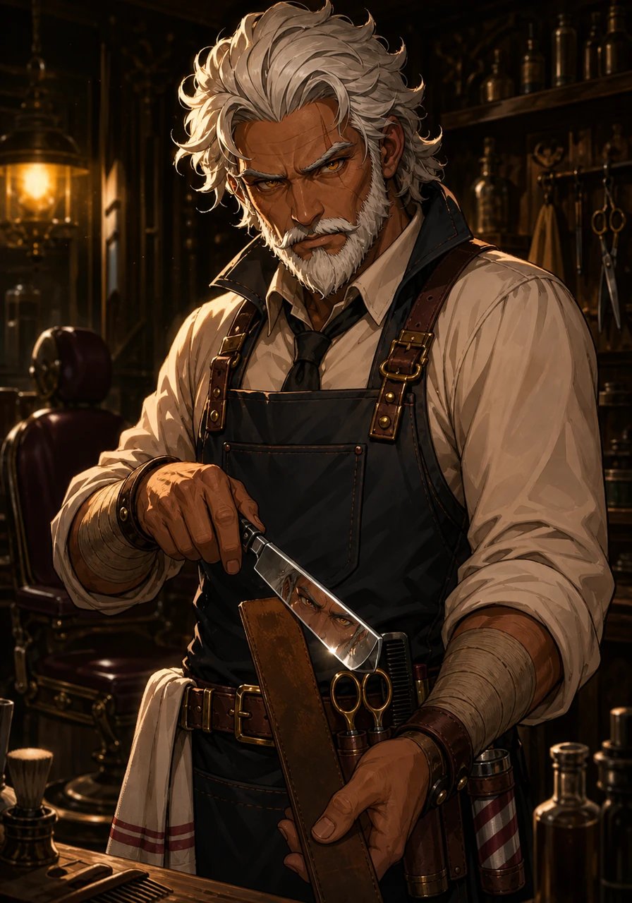 Inside his dimly lit shop, Vaelan carefully wipes down his steel straight razor on a leather strop, his reflection staring back from the polished blade. The tool of his honest trade suddenly feels different in his hands, transformed into a weapon waiting for its calling. In his burning eyes, the resolve to protect his people begins to eclipse his lifelong fear.