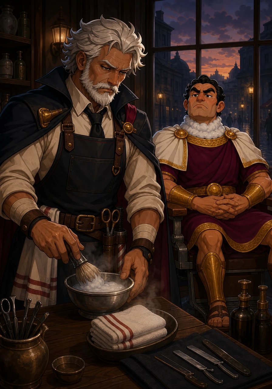 News spreads that the tyrannical governor himself has requested a private shave at sunset in the barber shop. As night begins to descend over the misty streets, Vaelan prepares his silver bowl, warm towels, and sharp blades with deliberate care. The air grows dense with tension as the fate of the entire city looms on the edge of a single evening.