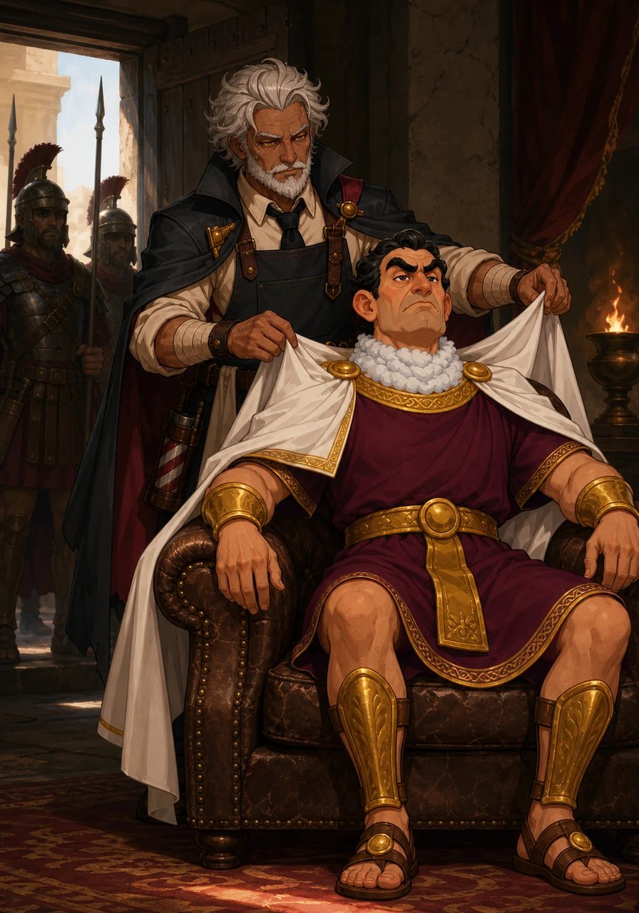 The heavy oak door swings open, and the arrogant governor steps inside, flanked by armed guards who stand post at the threshold. The governor settles into the worn leather chair, commanding Vaelan to give him the closest trim with absolute authority. Vaelan steps forward, draping a crisp white cloth over the dictator's shoulders while holding his breath.