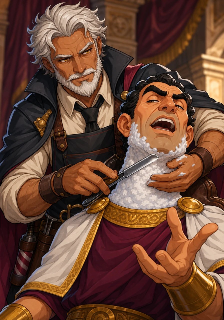 Vaelan lathers rich soap across the tyrant's neck, his hands remaining steady despite the wild pounding in his chest. As the governor boasts endlessly about his cruelty and power, the sharp razor glides perilously close to the tyrant's throat. In this tense moment, Vaelan realizes he holds the ultimate power to end years of suffering with a single swift motion.