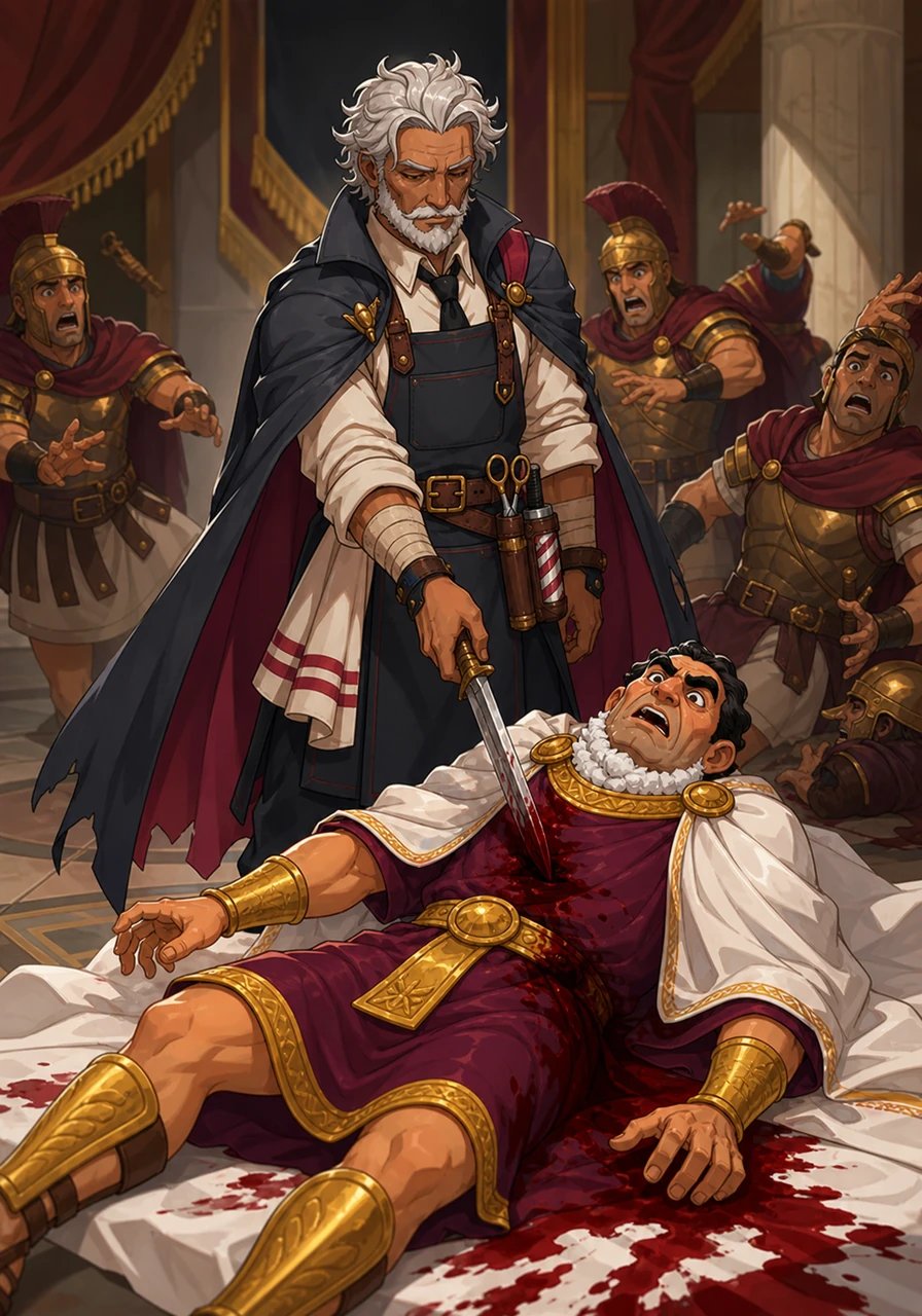 With a decisive move born of righteous fury, Vaelan strikes at the heart of the tyranny, shattering the overlord's grip on the city forever. A crimson pool spreads across the white linen, but Vaelan feels no malice, only the solemn relief of a protector fulfilling an impossible duty. The guards collapse in shock as the illusion of their master's invincibility shatters into pieces.