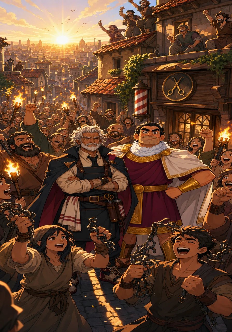 Word of the tyrant's fall spreads like wildfire across the rooftops and alleyways, rousing the oppressed citizens to reclaim their freedom. People pour into the streets, raising their torches high and casting off the chains that bound them for generations. Outside the barber shop, a dawn of hope breaks over the horizon for the very first time.