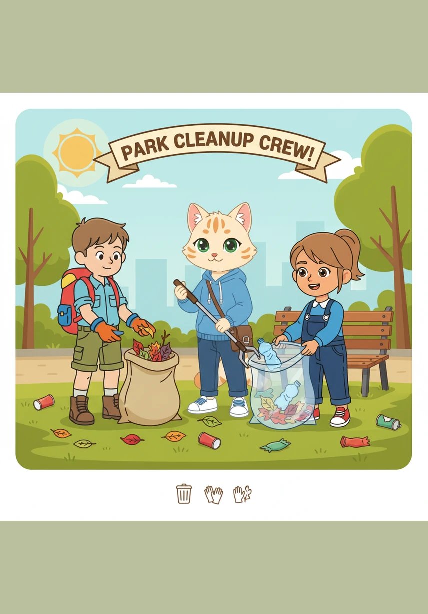 Con entusiasmo, los niños se ponen guantes de colores y Mila les entrega bolsas biodegradables para comenzar una gran limpieza. Todos trabajan juntos, riendo y recogiendo cada trozo de papel y botella que encuentran en el camino.
