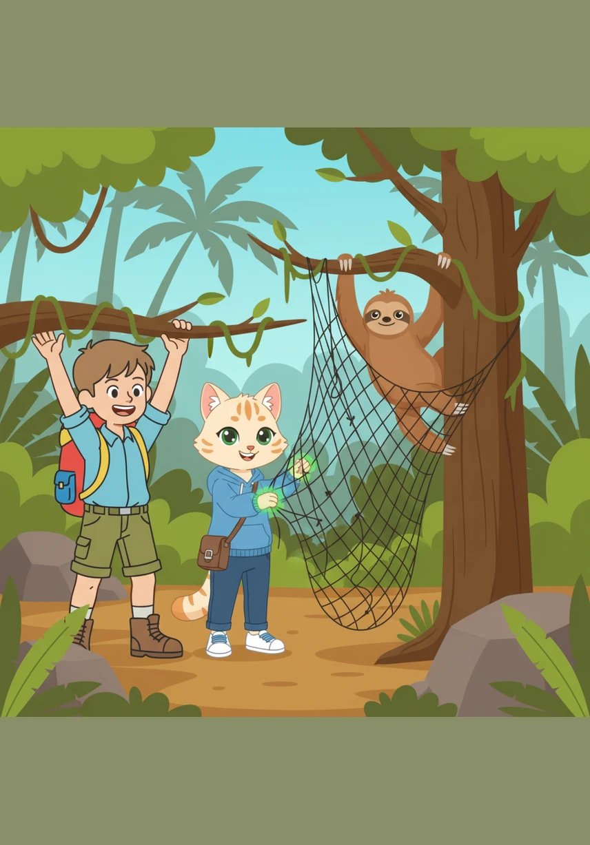 Leo y Sofía sostienen suavemente las ramas mientras Mila usa sus habilidades para desatar los nudos de la red. El perezoso queda libre y trepa lentamente por un árbol, mientras los niños celebran con alegría su primer rescate.