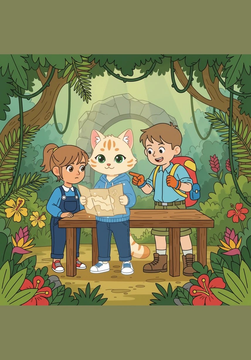 Antes de terminar el recorrido, Mila y los niños plantan un pequeño brote de árbol en un claro de la selva. Cada niño ayuda a poner un poco de tierra fértil, simbolizando su compromiso de cuidar el planeta para siempre.