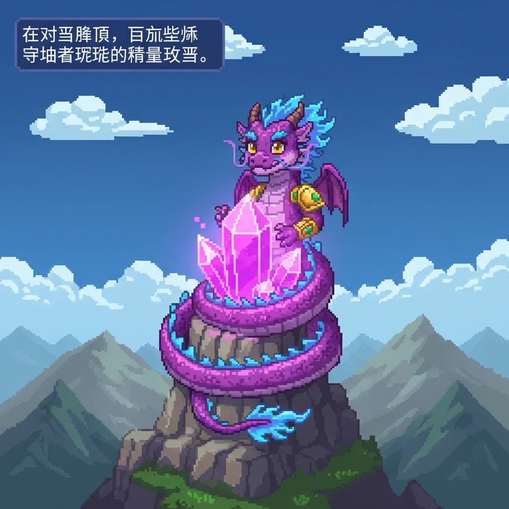 在水晶峰顶，巨大的紫色魔法龙紫焰傲然盘踞。它紫色的鳞片在阳光下闪烁着魔法光辉，守护着峰顶那颗璀璨的能量水晶。周围是简单的像素化山峦，天空是深蓝色的，几朵白色像素云点缀其间。