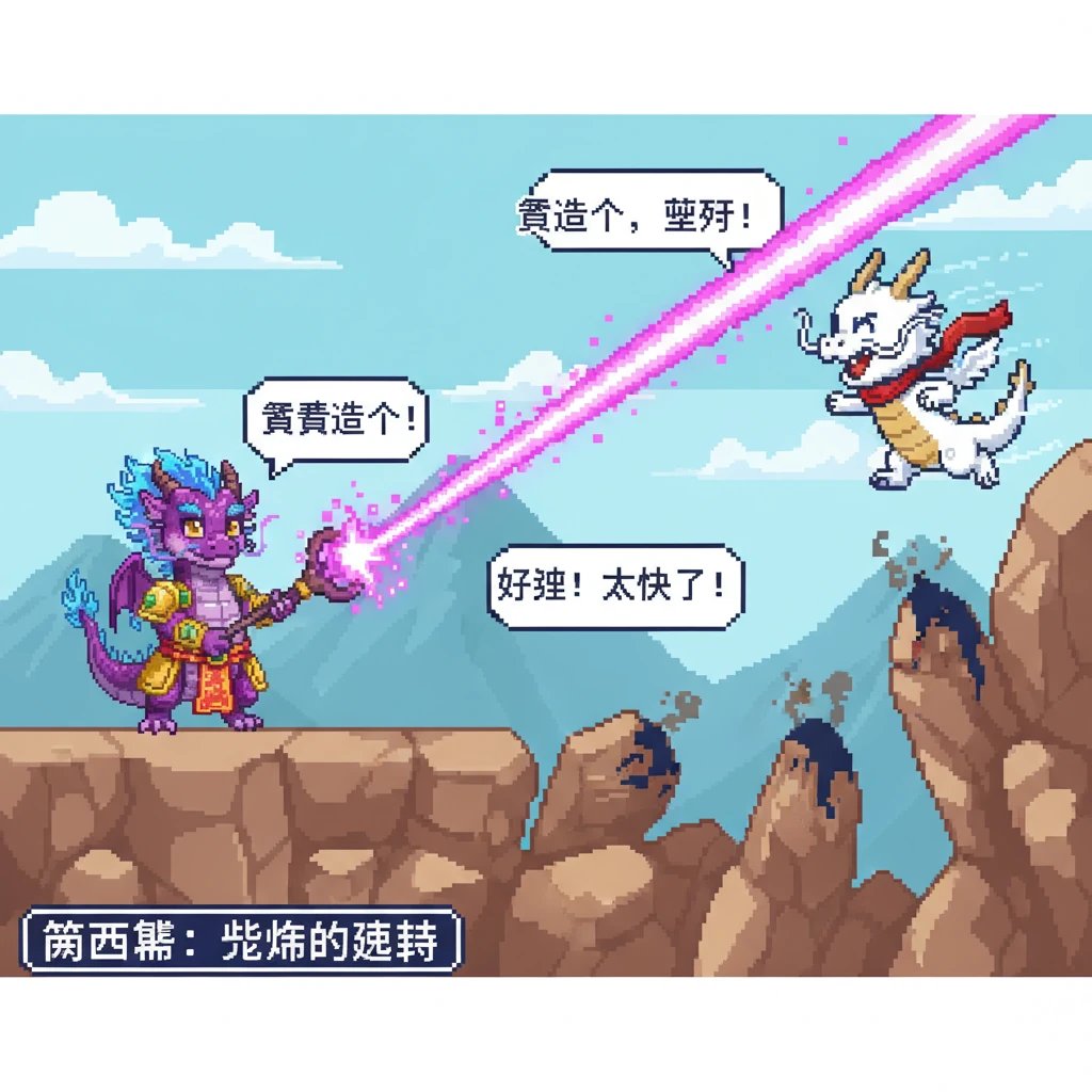 紫焰喷射出一道炽热的紫色魔法光束，直奔雪牙。光束在像素化的空气中划出醒目的轨迹，周围的岩石被灼烧出焦黑的像素点。雪牙敏捷地躲开，身形如闪电般在岩石间穿梭。