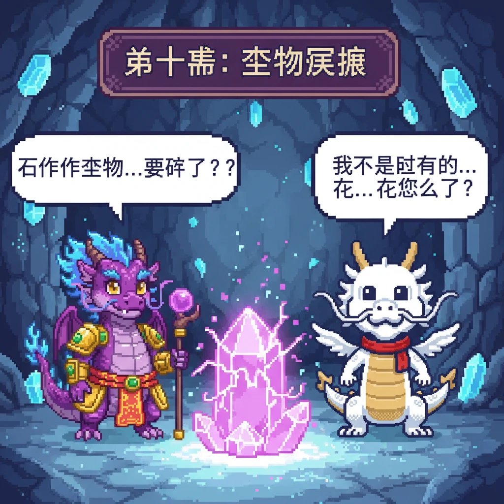 紫焰突然停下攻击，它看到水晶的裂缝在扩大，那是它守护了千年的圣物。雪牙也停止了冰息，眼中充满了担忧，它并非想破坏，只是想寻求帮助。画面中，两龙相隔一段距离，都凝视着不稳定的水晶。