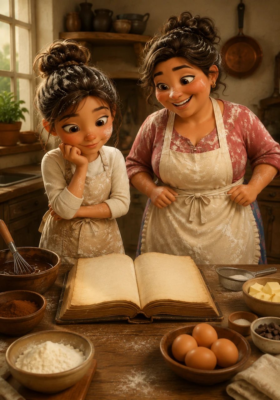 Twelve-year-old Isabella stared at the blank pages of her grandmother's old cookbook, longing to create something magical. Beside her, her mother Tresa tied a crisp flour-dusted apron around her waist, offering a warm, encouraging smile. Today was the day they would attempt the legendary chocolate soufflé together.