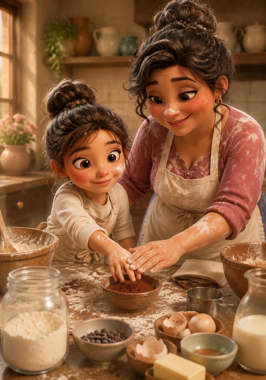 The kitchen counter quickly transformed into a battlefield of ingredients, with bowls and measuring cups scattered everywhere. Isabella eagerly reached for the cocoa powder, her eyes bright with determination to make it perfect. Tresa gently placed a hand over hers, whispering that baking requires a steady, patient heart.