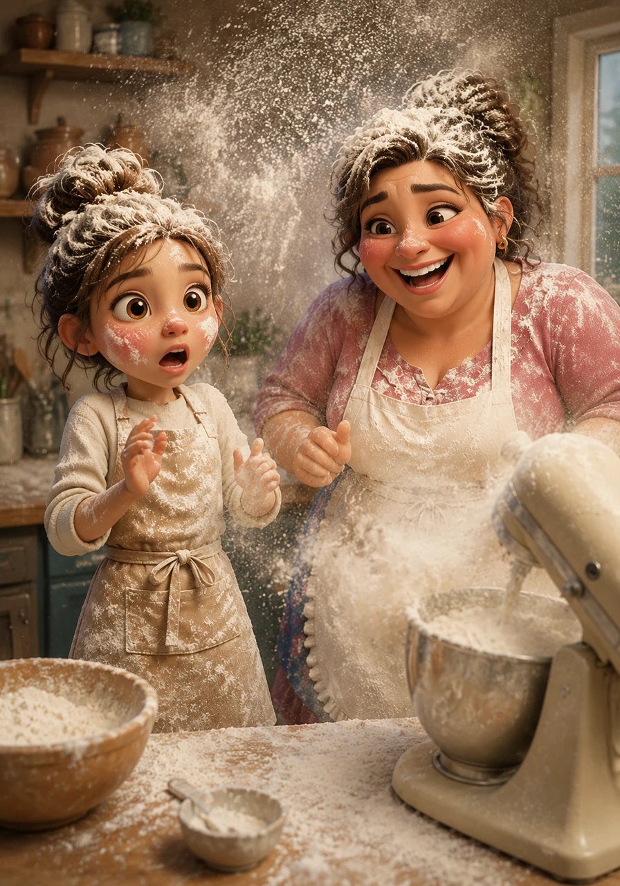 Disaster struck early when Isabella cranked the electric mixer up too high, sending a cloud of white flour exploding into the air. Both of them gasped as the powdery white mist coated their hair, noses, and clothes like fresh winter snow. After a moment of stunned silence, Tresa burst into a rich, comforting laugh.
