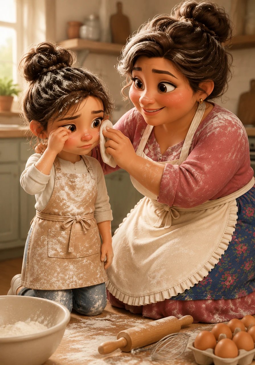 Wiping flour from her eyes, Isabella felt a wave of frustration wash over her, fearing she had ruined their special afternoon. Tresa knelt down to her eye level, gently wiping a streak of white from her daughter's cheek. She reminded Isabella that mistakes are just unexpected steps in learning how to bake.