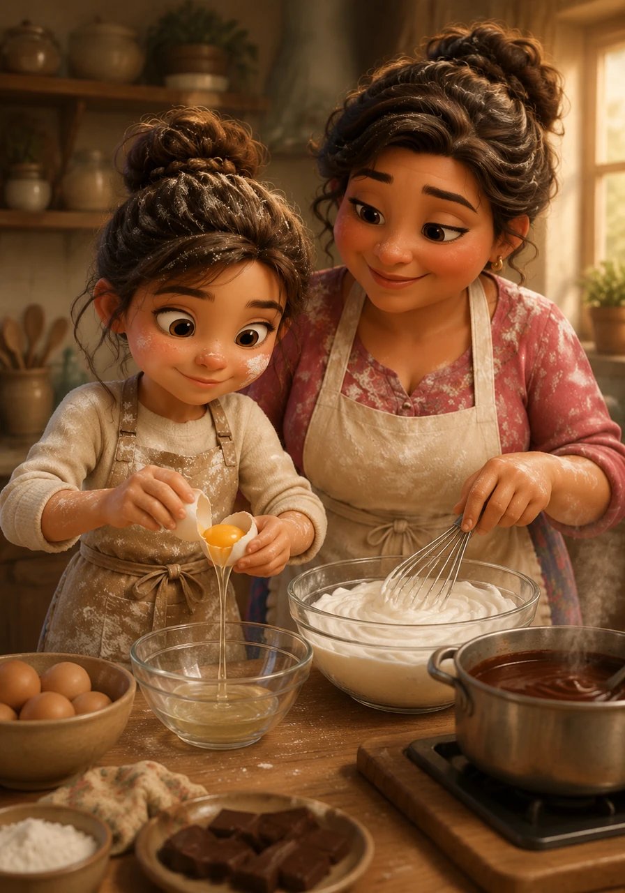 With a renewed sense of calm, Isabella carefully cracked the eggs, separating the golden yolks from the translucent whites. Tresa showed her the secret rhythmic motion of whisking, guiding her hands until the mixture turned into fluffy, stiff peaks. The kitchen filled with the comforting, sweet aroma of melted dark chocolate.