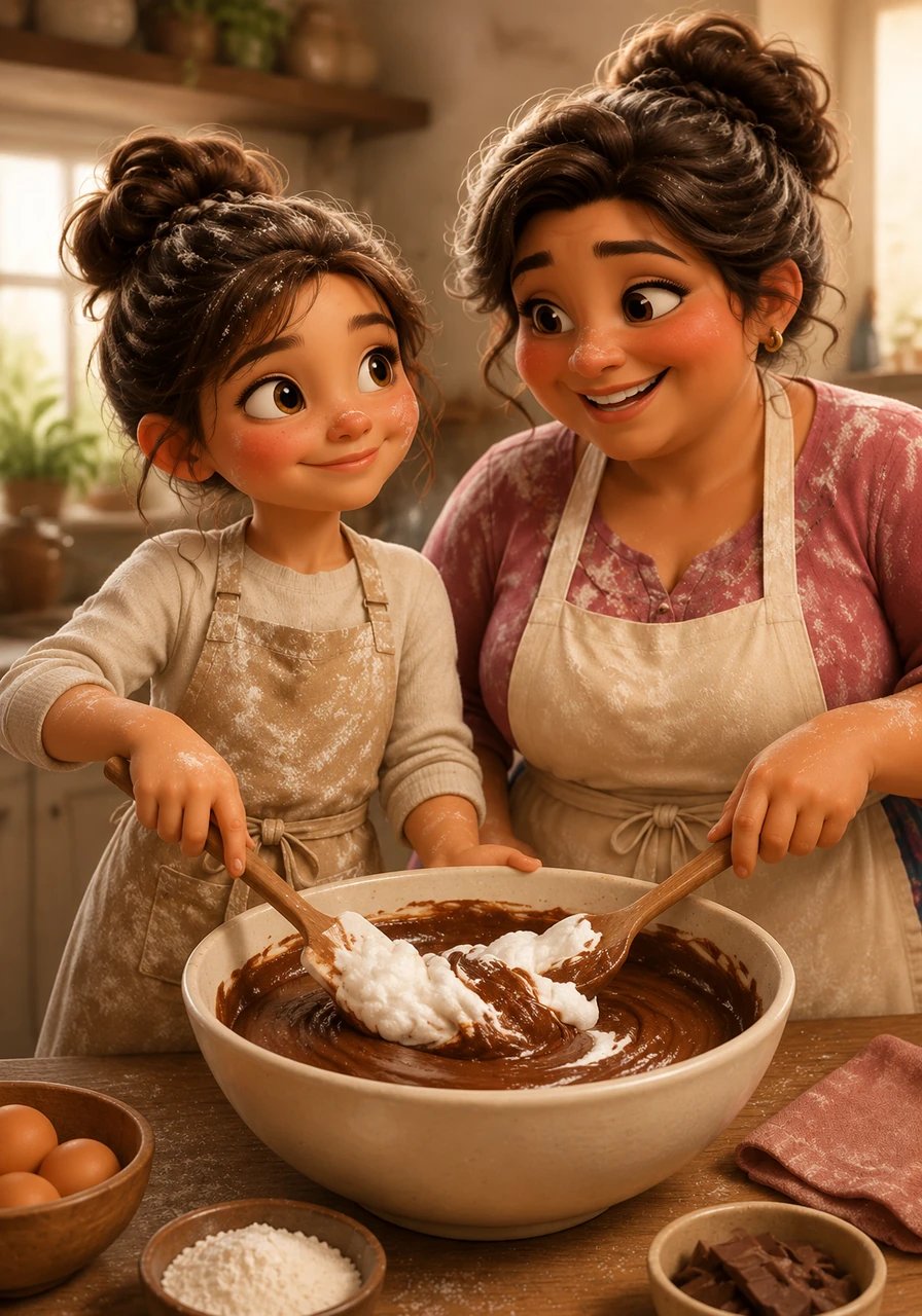 Together, they gently folded the whipped egg whites into the rich chocolate batter, moving in perfect, quiet harmony. Isabella realized that baking wasn't about rushing to the finish line, but enjoying the quiet moments shared together. The tension in her shoulders melted away, replaced by the warmth of her mother's presence.
