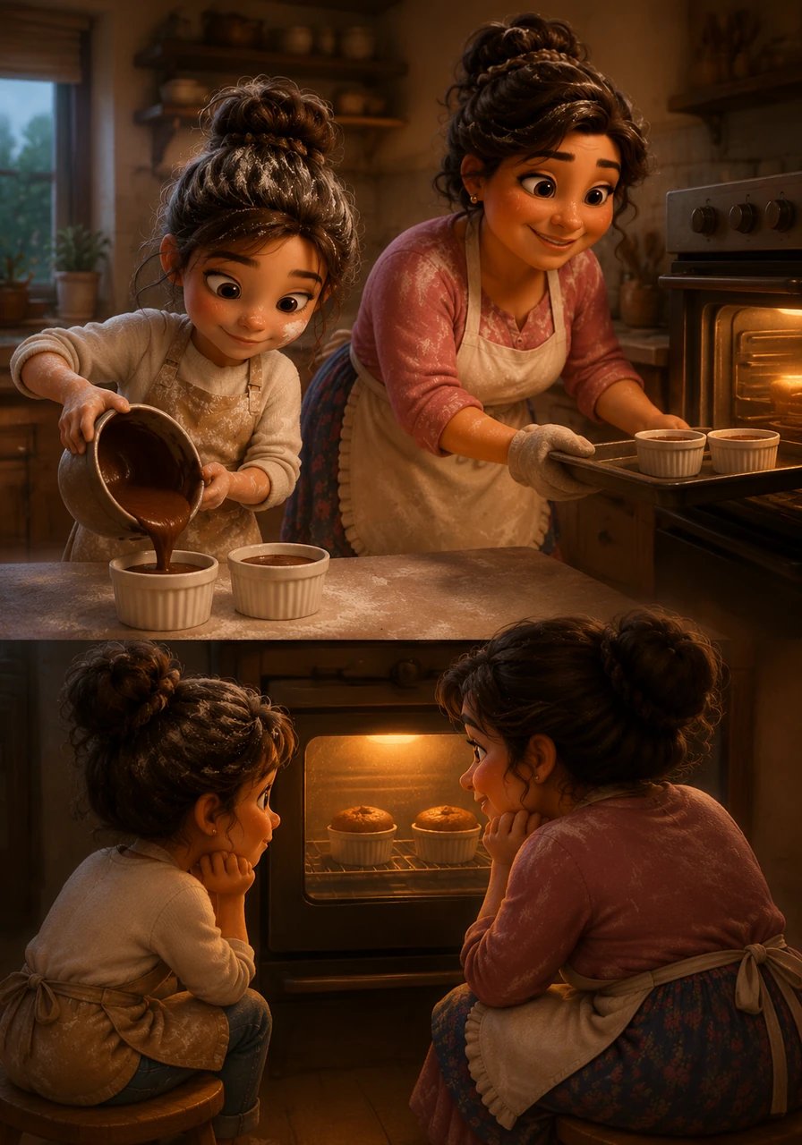 Isabella carefully poured the smooth, glossy batter into two ceramic ramekins, her hands steady and precise this time. Tresa carefully slid the trays into the glowing, warm oven, sealing their hard work inside. They sat side-by-side on kitchen stools, staring through the glass door as the timer began to tick.