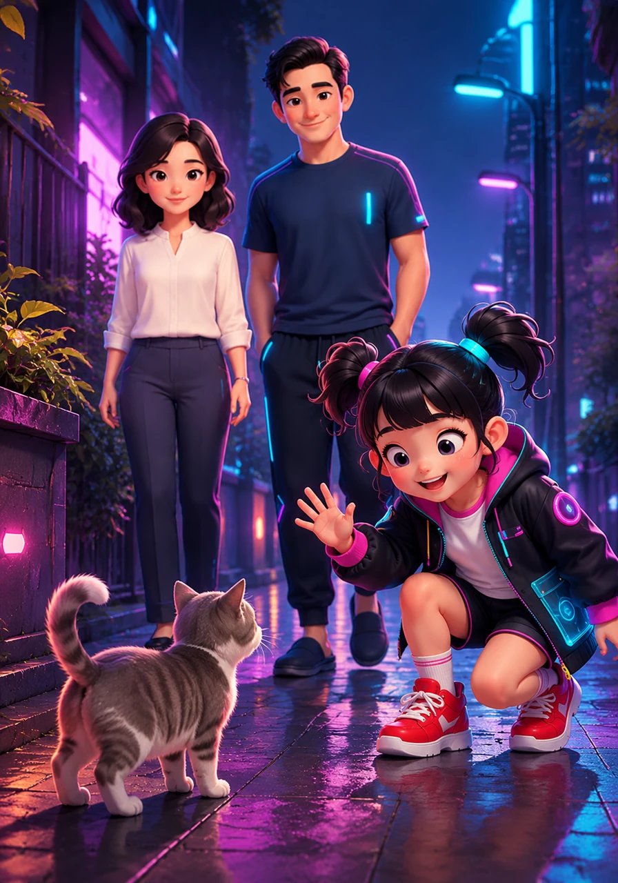 在去公园的路上,莉莉遇到了邻居家的小猫。她停下脚步,挥动小手亲切地打招呼:“Hello, little cat!” 小猫也友好地摇了摇尾巴,仿佛听懂了她的问候。