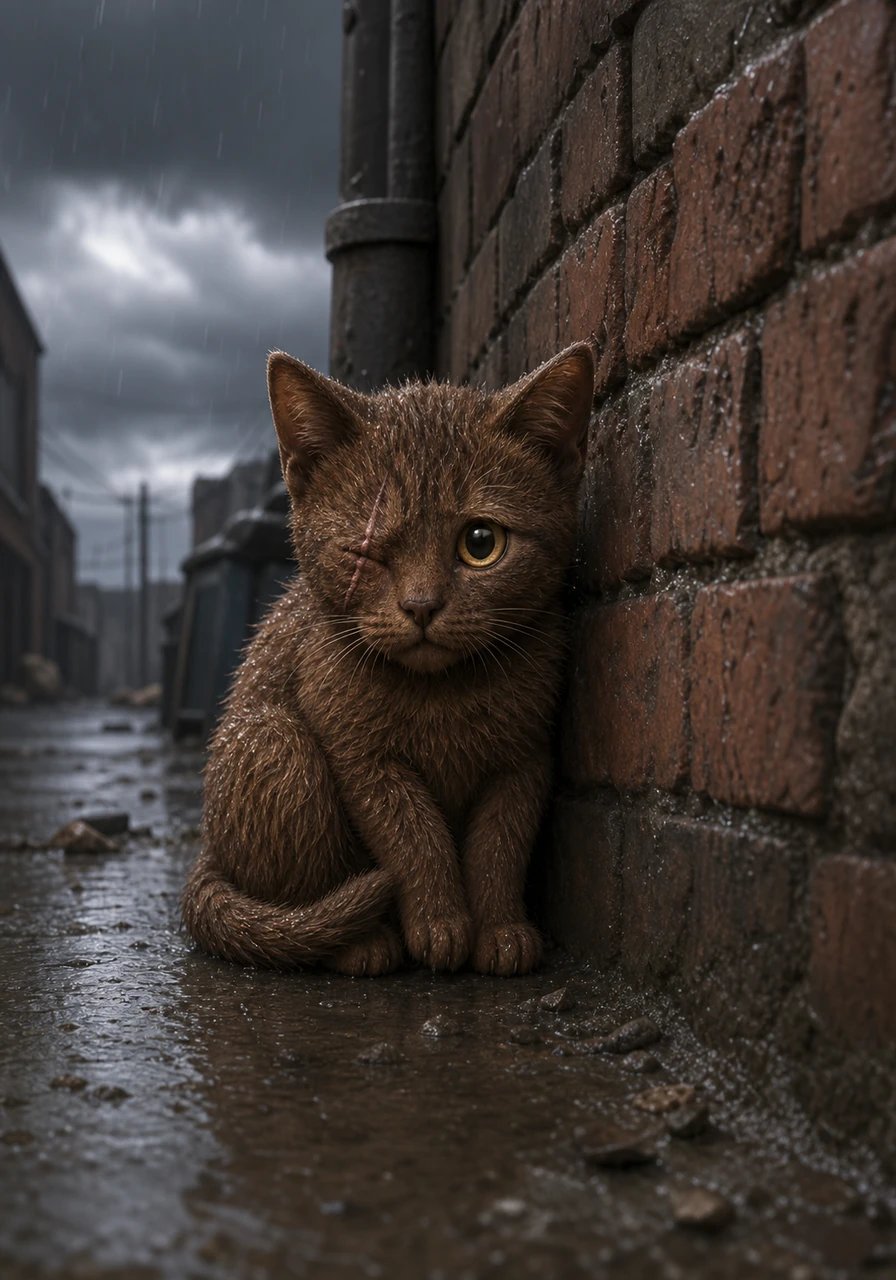 Bajo un cielo gris y tormentoso, un pequeño gatito de color marrón tiembla de frío junto a un viejo muro de ladrillos. Sus primeros meses de vida son muy difíciles, soportando el sol ardiente del verano, las heladas noches de invierno y la constante búsqueda de una gota de agua.