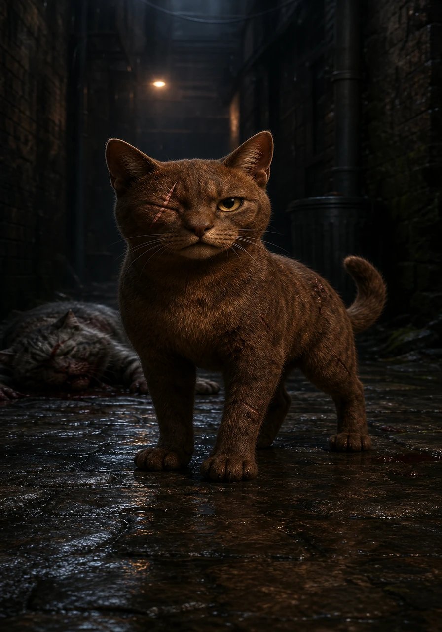 El tiempo pasa y el gatito marrón crece en la hostilidad de los callejones oscuros. Tras una dura batalla contra un gato callejero mucho más grande y fuerte, el valiente felino pierde su ojo izquierdo, llevando con orgullo la cicatriz de un verdadero sobreviviente.