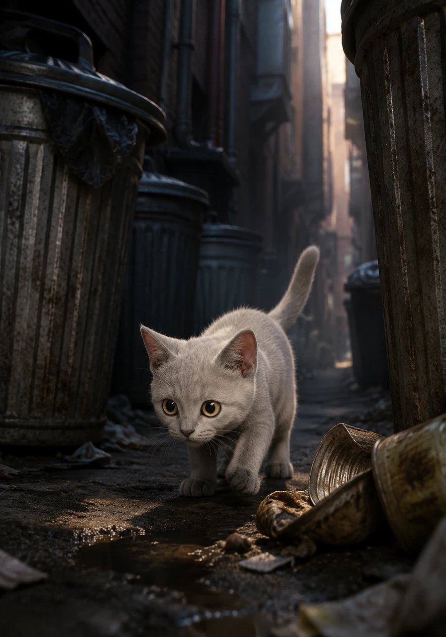 En otra parte de la misma ciudad, un ágil gatito de pelaje gris claro camina con cautela entre los botes de basura. Él también conoce la soledad de la calle, agudizando sus sentidos cada día para encontrar algo de alimento entre las sombras.