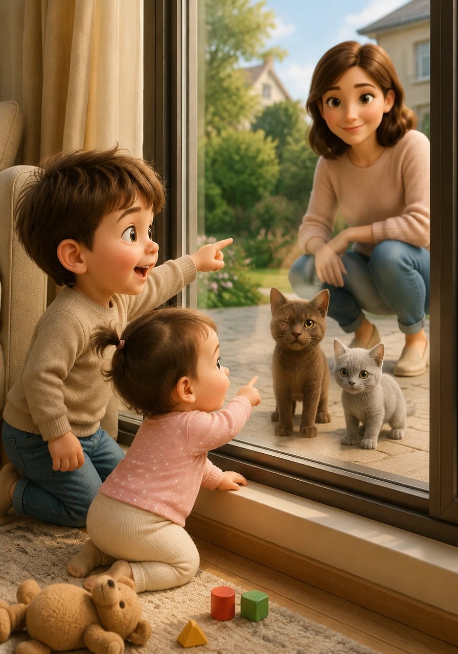 A través de la gran ventana de la casa, dos tiernos bebés observan a los nuevos visitantes con ojos llenos de asombro. Un varoncito sonriente de tres años y su pequeña hermana de apenas un añito señalan emocionados a los gatitos desde el interior.