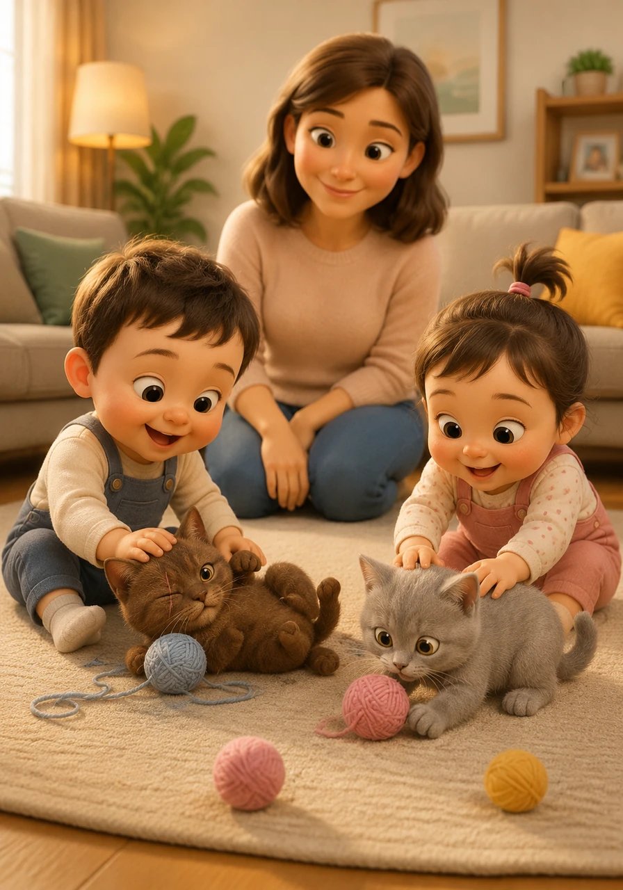 Los bebés adoran pasar el tiempo con sus nuevos amigos felinos, jugando con suaves pelotas de lana en la alfombra de la sala. Los gatitos, ahora con el estómago lleno y el corazón contento, ronronean felices mientras reciben los delicados mimos de los niños.