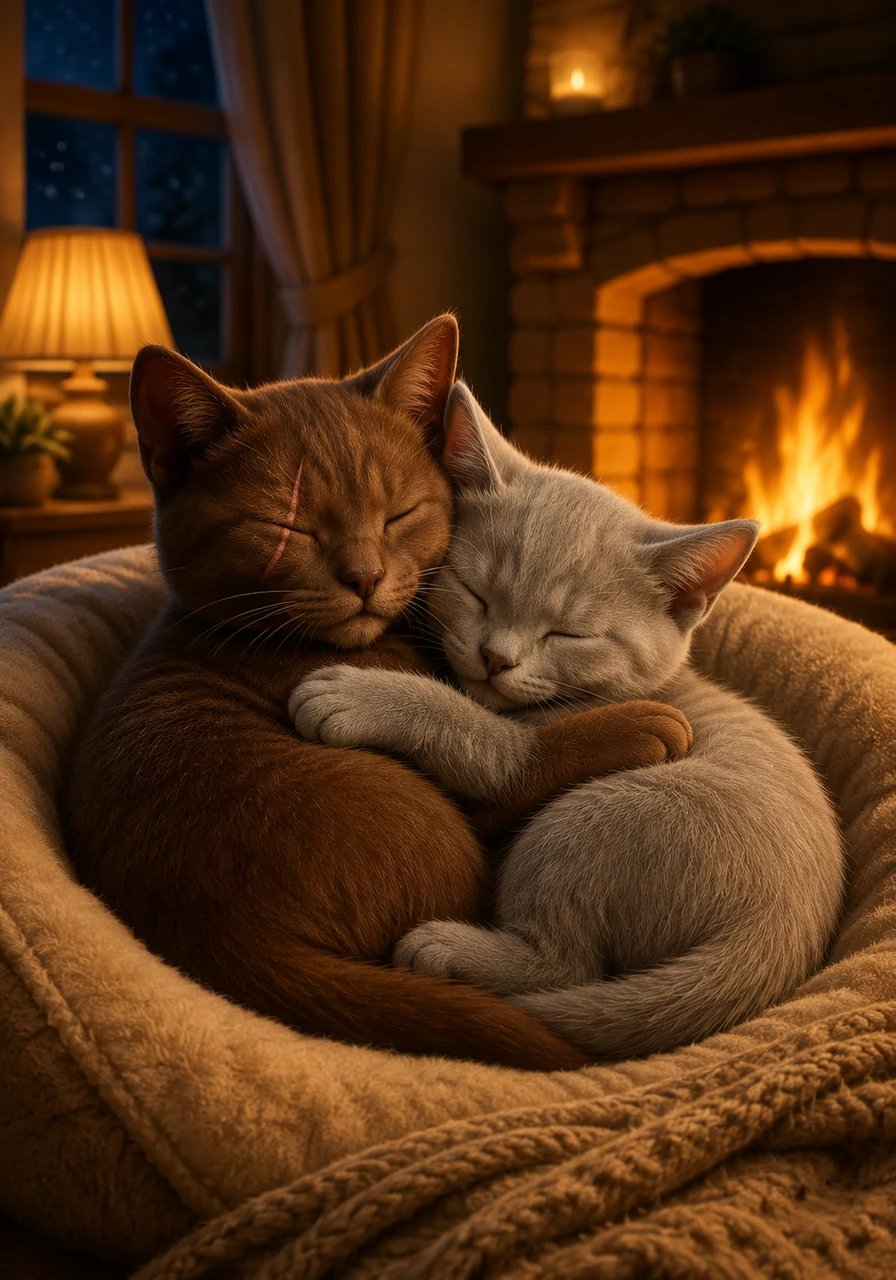 Al caer la noche, Marrón y Gris duermen profundamente abrazados en una cómoda y suave cama junto a la chimenea. Protegidos por un techo seguro y rodeados del amor de su nueva familia, los dos valientes gatos viven felices por el resto de sus días.