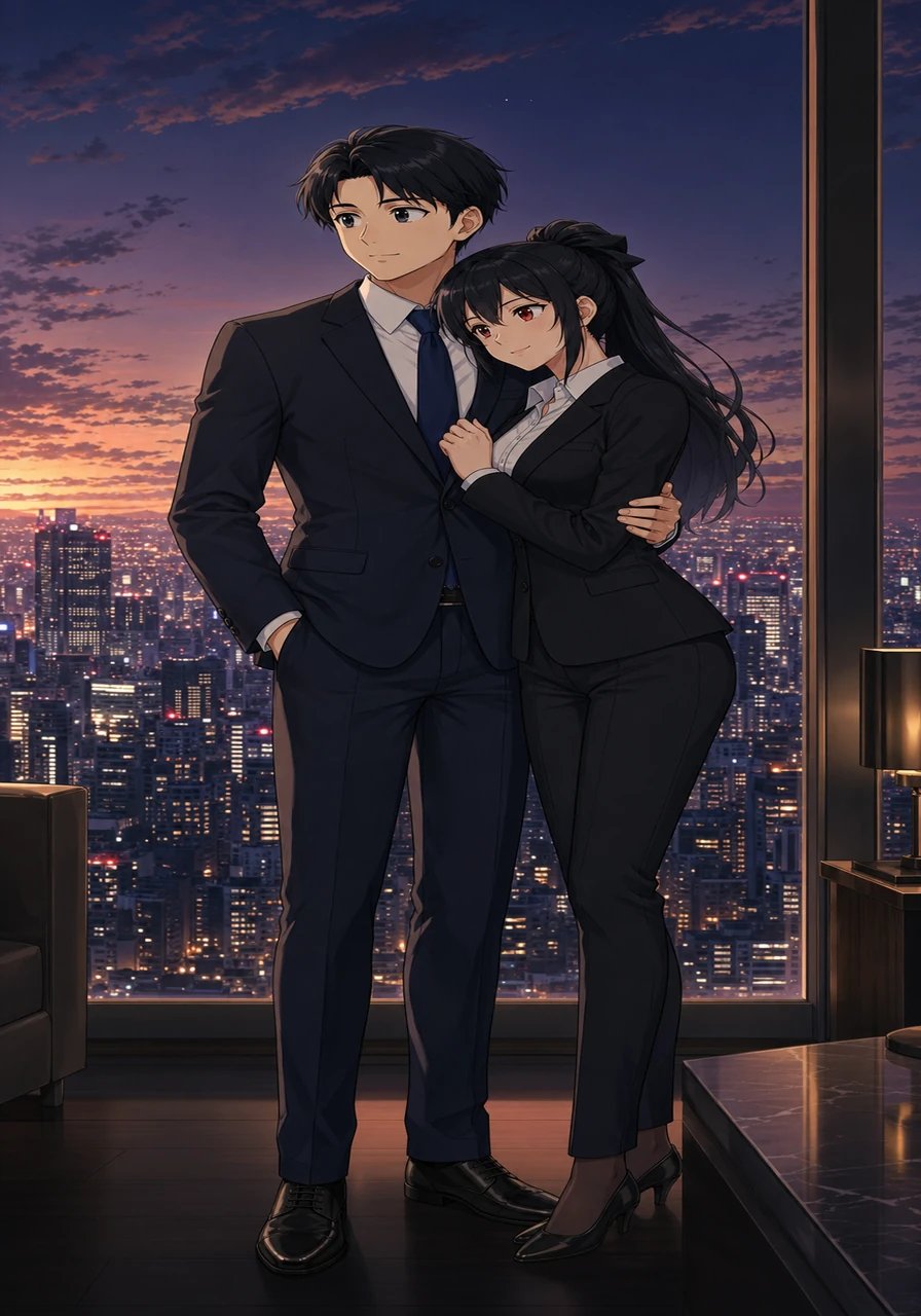 High above the bustling streets of Tokyo, Shuji Yakushima stood in the executive suite of the Yakushima Company, gazing out over the sprawling cityscape as final preparations for the grand charity event came together. Ibuki Kurata entered the room impeccably tailored in modern corporate elegance, her posture radiating confidence as head of the Kurata Company. Moving to his side, her regal composure gave way to a gentle, loving smile as she leaned into his embrace, silently affirming her unwavering devotion to her husband and master.