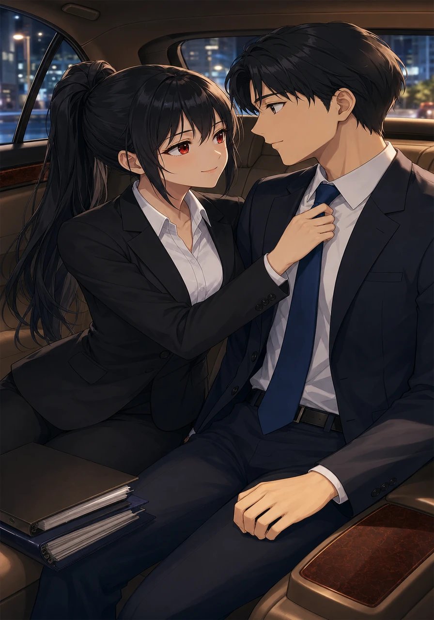 Inside the quiet luxury of their private town car on the way to the tournament venue, Ibuki reviewed the event's financial ledgers with practiced efficiency. She paused to gently adjust Shuji's tie, reminiscing on how their strategic marriage alliance had not only saved her family's firm from ruin but allowed it to dominate Tokyo's commercial sector. Looking up at him with deep affection, she voiced her eternal gratitude for the flourishing life and loving bond they shared.