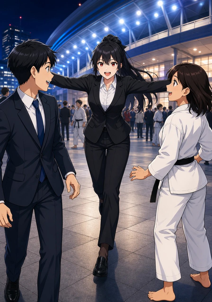 At the bustling Tokyo Arena, grandmasters, young martial arts students, and prominent corporate benefactors gathered under bright stadium lights. Akira Miyauchi arrived fresh from her triumphant European championship tour, her commanding, athletic presence drawing admiring gazes from the crowds. Spotting Shuji and Ibuki near the entrance, her serious martial artist demeanour instantly melted into a bright, eager smile as she rushed to greet them.