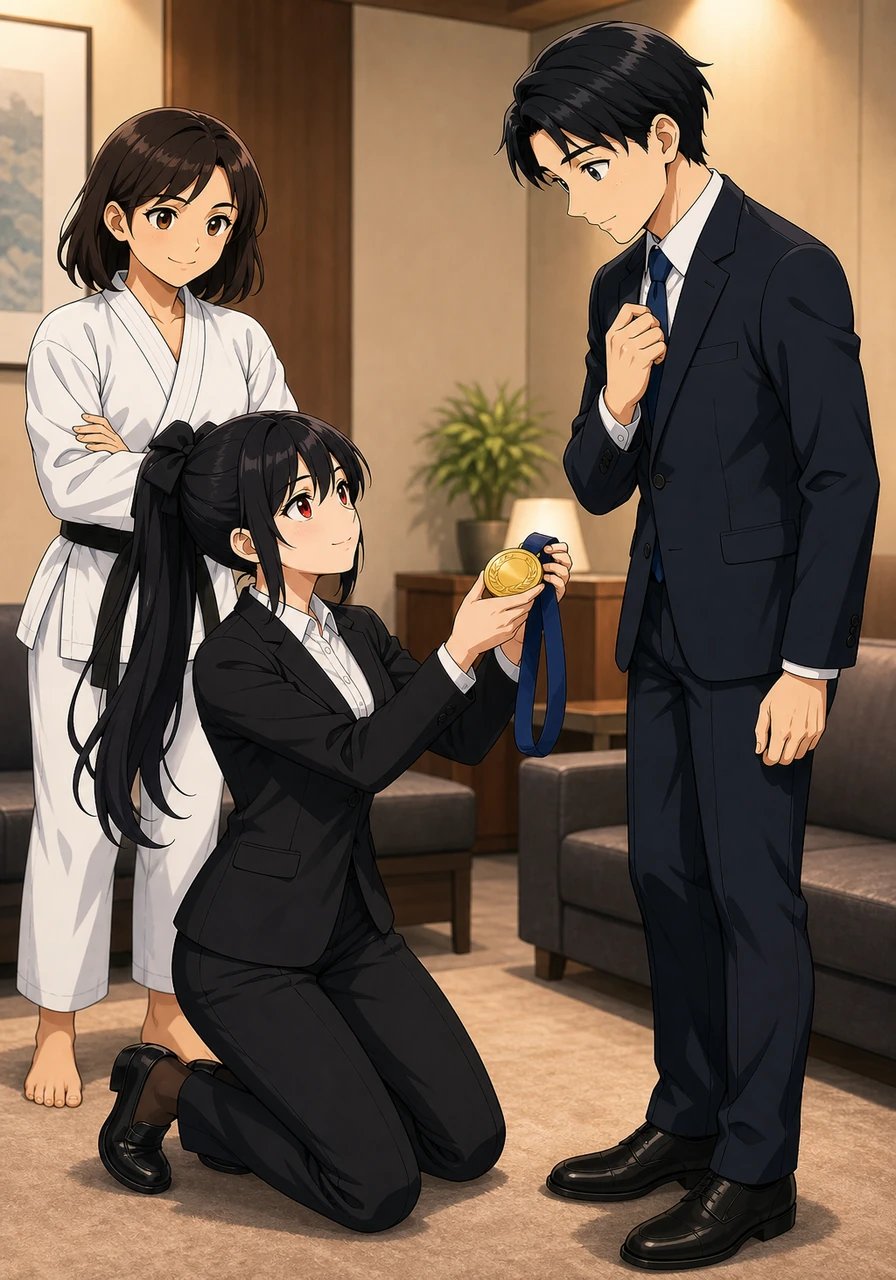 In the privacy of the executive holding room, Akira took her gold medal from Europe and proudly held it out to Shuji, kneeling before him with sincere respect and affection. She expressed her heartfelt gratitude for the Yakushima Company's unwavering sponsorship that paved her way to international victory. Ibuki looked on with a warm, approving smile, enjoying the peaceful harmony of their shared bond.