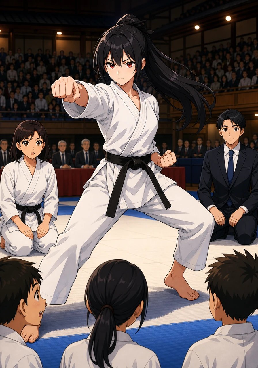 Taking center stage on the main tatami mat, Akira performed an extraordinary kata demonstration that captivated the entire arena. Her movements were a breathtaking blend of sharp power, absolute control, and fluid grace that showcased why she reigned as an international champion. Young karateka in the front rows watched with wide, inspired eyes, aspiring to match her dedication.