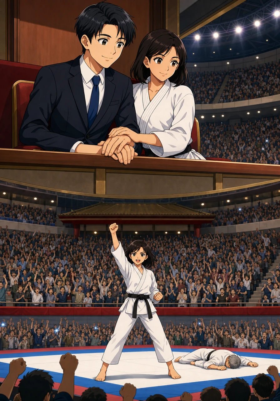 During the feature exhibition match, Akira faced off against a high-ranking master with lightning speed and flawless execution, securing a decisive victory to roaring cheers. From the VIP pavilion, Shuji watched her performance with quiet pride while Ibuki sat close beside him, resting her hand lovingly over his. Both heroines shone brightly in their respective worlds, forever anchored by their love for him.