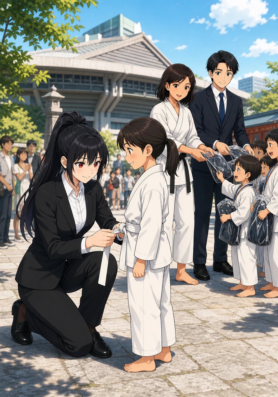 Following the matches, children from across Tokyo gathered in the arena courtyard to receive brand-new karate gi and training gear funded by the drive. Akira knelt beside a timid young girl, tenderly helping her tie her new belt while sharing fond stories of training in her grandfather's dojo years ago. Ibuki and Shuji handed out awards, watching the joy spread across the young martial artists' faces.